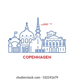 Copenhagen city architecture retro vector illustration, skyline city silhouette, skyscraper, 