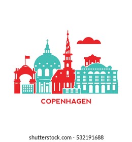 Copenhagen city architecture retro vector illustration, skyline city silhouette, skyscraper, flat design