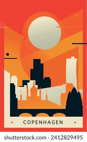 Copenhagen city brutalism poster with abstract skyline, cityscape retro vector illustration. Denmark capital travel guide cover, brochure, flyer, leaflet, business presentation template image