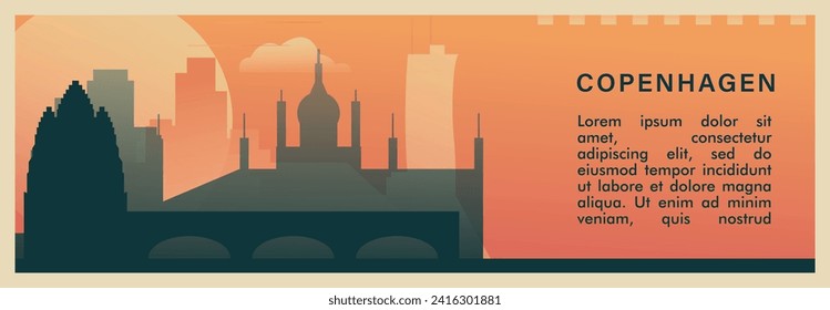 Copenhagen city brutalism vector banner with skyline, cityscape. Denmark capital retro horizontal illustration, old style travel layout for web presentation, header, footer