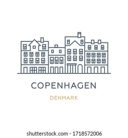 Copenhagen city, Denmark. Line icon of the famous and largest city in Europe. Outline icon for web, mobile, and infographics. Landmark and famous building. Vector illustration, white isolated. 