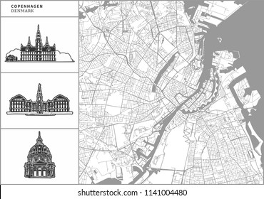 Copenhagen city map with hand-drawn architecture icons. All drawigns, map and background separated for easy color change. Easy repositioning in vector version.