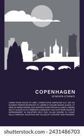 Cartel minimalista de la ciudad de Copenhague con horizonte, paisaje urbano retro ilustración vectorial. Cubierta frontal abstracta del viaje de Dinamarca, folleto, folleto, folleto, folleto, plantilla, diseño