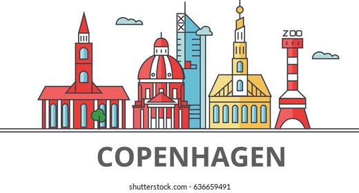 Copenhagen city skyline. Buildings, streets, silhouette, architecture, landscape, panorama, landmarks. Editable strokes. Flat design line vector illustration concept. Isolated icons on background