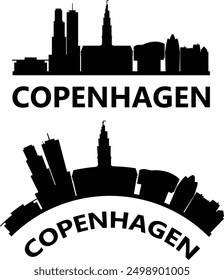 Silueta del horizonte de la ciudad de Copenhague. Letrero del horizonte de Copenhague. Dinamarca Diseño de Ciudad de Paisaje. estilo plano.