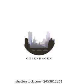 Copenhague cityscape, insignia de Vector degradado, logotipo plano del horizonte, icono. La capital de Dinamarca redondea la idea del emblema con Lugares famosos y siluetas de construcción. Gráfico aislado