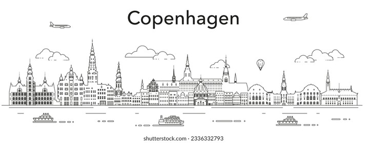 Copenhagen cityscape line art vector illustration