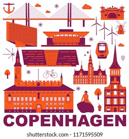 Copenhagen culture travel set, famous architectures and specialties in flat design. Business travel and tourism concept clipart. Image for presentation, banner, website, advert, flyer, roadmap, icons