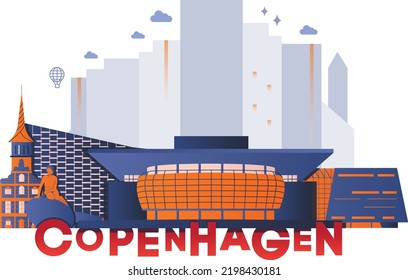 Kulturreisen in Kopenhagen, berühmte Architektur und Spezialitäten im flachen Design. Business-Reise-und Tourismus-Konzept Video-Kunst. Bild für Präsentation, Banner, Website, Werbung, Flyer, Roadmap, Symbole