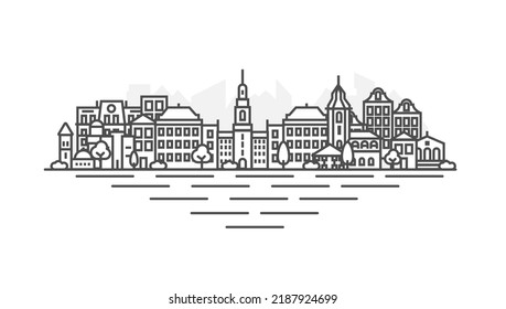 Copenhagen, Denmark architecture line skyline illustration. Linear vector Kiev cityscape with famous landmarks, city sights, design icons. Landscape with editable strokes.