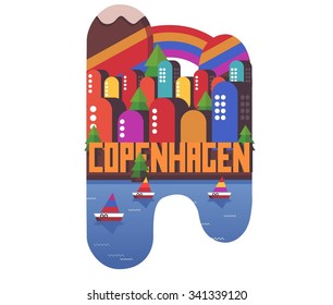 Copenhagen in Denmark is Beautiful city to visit on holiday, vector cartoon illustration