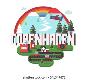 Copenhagen in Denmark is Beautiful city to visit on holiday, vector cartoon illustration