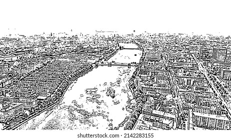 Copenhagen, Denmark. Central historical part of the city - Copenhagen lakes. Doodle sketch style. Aerial view