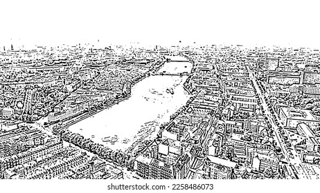 Copenhagen, Denmark. Central historical part of the city - Copenhagen lakes. Doodle sketch style. Aerial view