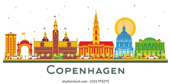 Copenhagen Denmark City Skyline with Color Buildings Isolated on White. Vector Illustration. Business Travel and Tourism Concept with Historic Buildings. Copenhagen Cityscape with Landmarks.