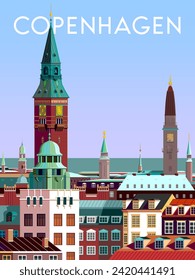 Copenhagen Denmark cityscape with traditional houses, roofs, churches, bell towers. Retro style vector poster.