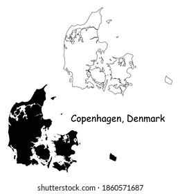 Copenhagen Denmark. Detailed Country Map with Location Pin on Capital City. Black silhouette and outline maps isolated on white background. EPS Vector