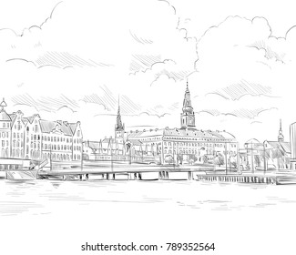 Copenhagen. Denmark. Europe. Hand drawn vector illustration.