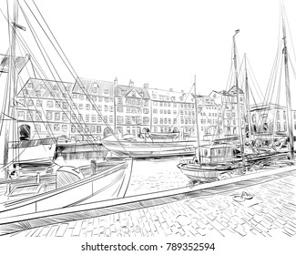 Copenhagen. Denmark. Europe. Hand drawn vector illustration.