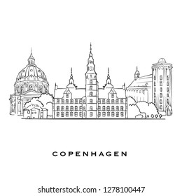 Copenhagen Denmark famous architecture. Outlined vector sketch separated on white background. Architecture drawings of all European capitals.