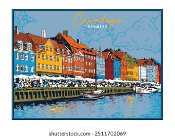  Copenhagen Denmark hand drawn vector illustration, Copenhagen  sketch, European holidays destination poster design, Denmark landmark colorful vector illustration