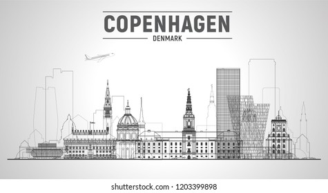 Copenhagen (Denmark) line skyline with panorama on white background. Vector Illustration. Business travel and tourism concept with modern buildings. Image for presentation, banner, web site.