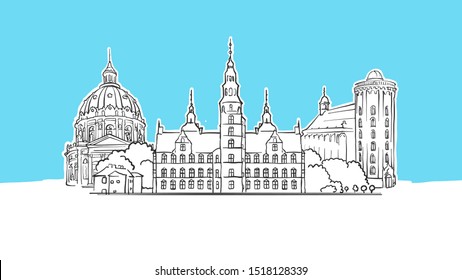 Copenhagen Denmark Lineart Vector Sketch. and Drawn Illustration on blue background.