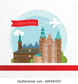 Copenhagen Denmark. Nordic capital. City skyline silhouette. Vector illustration. Icon for travel agency. City hall, Rosenborg Castle