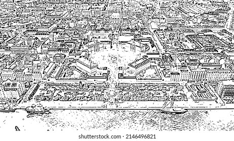 Copenhagen, Denmark. The palace complex of the XVIII century in the Rococo style. Doodle sketch style. Aerial view