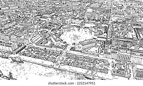 Copenhagen, Denmark. The palace complex of the XVIII century in the Rococo style. Doodle sketch style. Aerial view