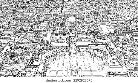 Copenhagen, Denmark. The palace complex of the XVIII century in the Rococo style. Frederick Church. Doodle sketch style. Aerial view