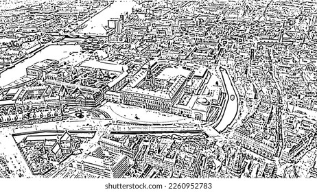 Copenhagen, Denmark. Royal Palace Christiansborg, Christiansborg Slotsplads. Doodle sketch style. Aerial view