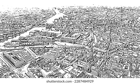 Copenhagen, Denmark. Royal Palace Christiansborg, Christiansborg Slotsplads. Doodle sketch style. Aerial view