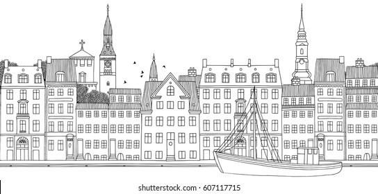 Copenhagen, Denmark - Seamless banner of the city’s skyline, hand drawn black and white illustration