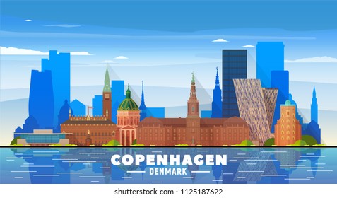 Copenhagen (Denmark) skyline with panorama on white background. Vector Illustration. Business travel and tourism concept with modern buildings. Image for presentation, banner, web site.