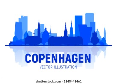 Copenhagen (Denmark) skyline with panorama on white background. Vector Illustration. Business travel and tourism concept with modern buildings. Image for presentation, banner, web site.