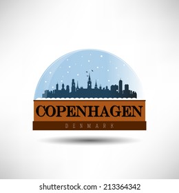 Copenhagen, Denmark, skyline silhouette design in snow globe, vector illustration.