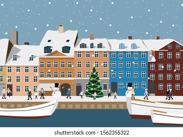 Copenhagen Denmark - snow falling Vector illustration.