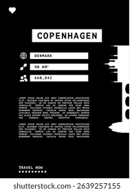 Copenhagen, Denmark vector infographics, brochure black and white layout. Guide, leaflet, flyer, graphic template with text, information, skyline contour. Page, festival, cover mock up image