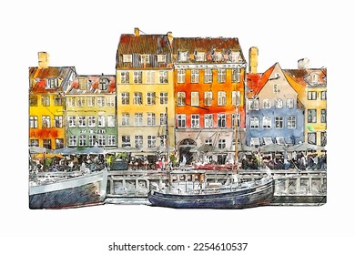 Copenhagen denmark watercolor hand drawn illustration isolated on white background