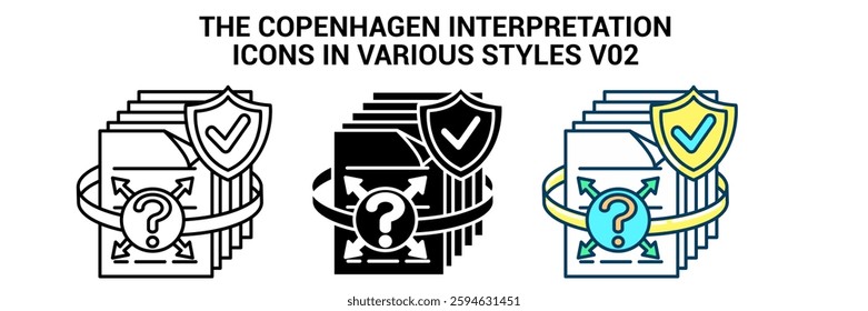 The Copenhagen Interpretation icon represented by papers, question mark Line, Filled, Color style.