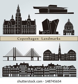 Copenhagen landmarks and monuments isolated on blue background in editable vector file