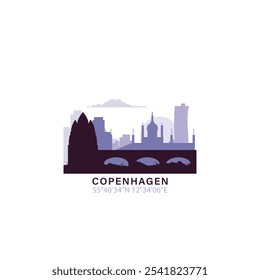 Logotipo de Copenhague con el horizonte, icono de Vector retro del paisaje urbano. Horizonte de la ciudad de Dinamarca, fachada, logotipo de viaje