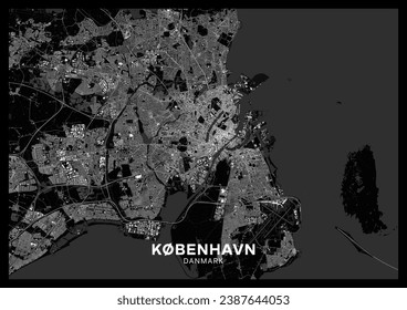 Mapa de Copenhague. Afiche detallado del mapa oscuro de Copenhague (Dinamarca). Las características naturales (lagos, ríos), los distintos tipos de carreteras y edificios se agrupan por separado.