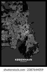 Mapa de Copenhague. Afiche detallado del mapa oscuro de Copenhague (Dinamarca). Las características naturales (lagos, ríos), los distintos tipos de carreteras y edificios se agrupan por separado.