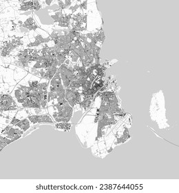 Copenhagen map. Detailed light map of Copenhagen (Denmark). Natural features (lakes, rivers), various types of roads and buildings are grouped separately.