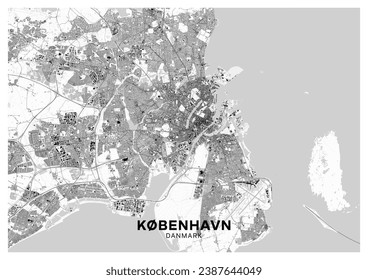 Copenhagen map. Detailed light map poster of Copenhagen (Denmark). Natural features (lakes, rivers), various types of roads and buildings are grouped separately.