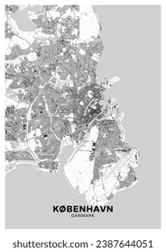 Copenhagen map. Detailed light map poster of Copenhagen (Denmark). Natural features (lakes, rivers), various types of roads and buildings are grouped separately.