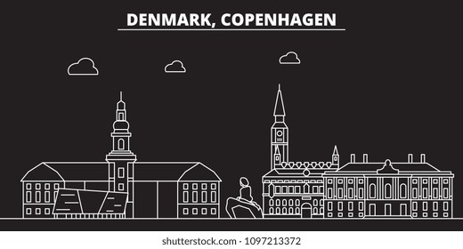 Copenhagen silhouette skyline. Denmark - Copenhagen vector city, danish linear architecture, buildings. Copenhagen travel illustration, outline landmarks. Denmark flat icons, danish line banner