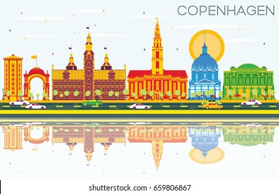 Copenhagen Skyline with Color Landmarks, Blue Sky and Reflections. Vector Illustration. Business Travel and Tourism Concept with Historic Buildings. Image for Presentation Banner Placard and Web Site.